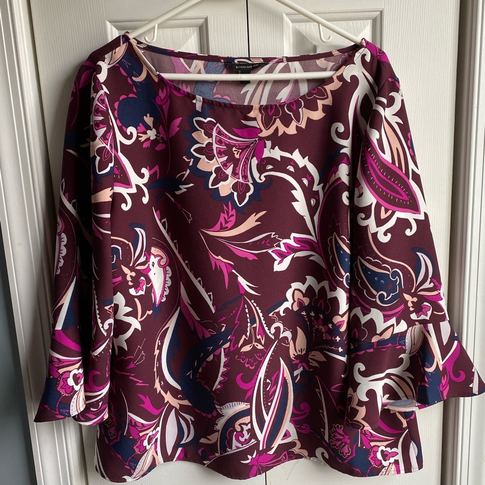 Banana Republic Womens Maroon 3/4 Ruffled Sleeve Floral Print Blouse Size XL